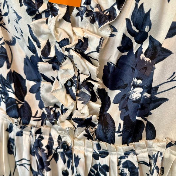 Cynthia Steffe V-Neck Peplum Blouse Navy Ivory Floral Ruffle 100% Silk - Picture 3 of 6
